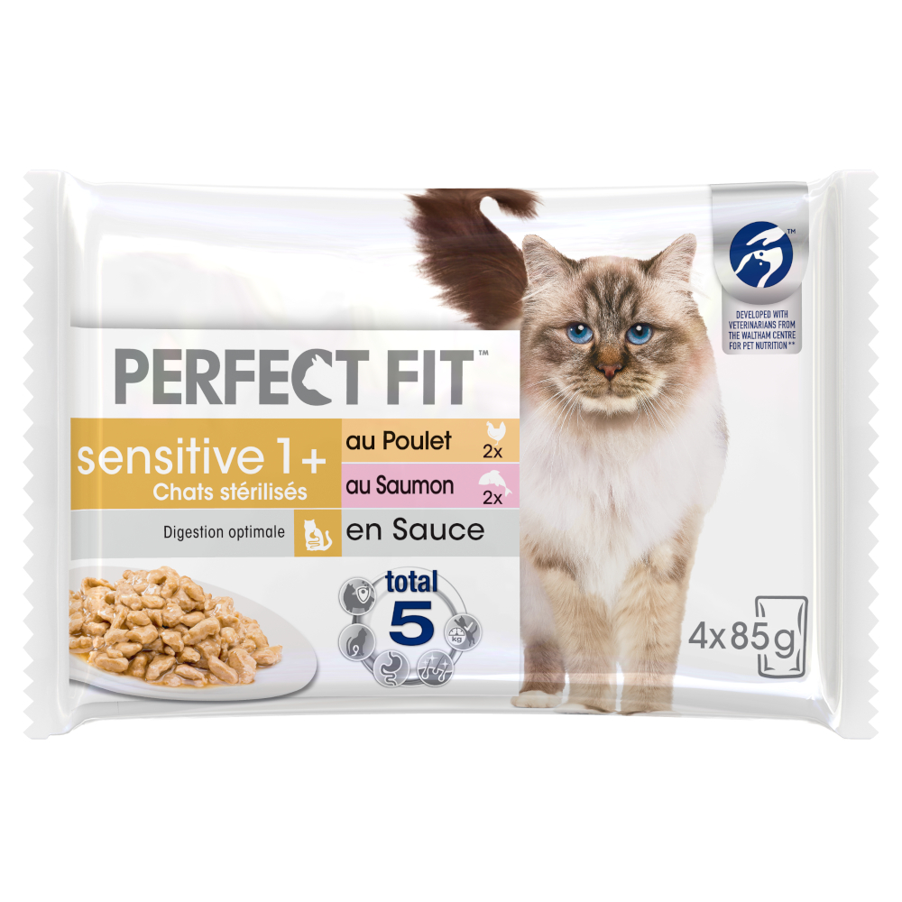 Perfect Fit Sensitive Sterilise Adult 1+ - Kurczak i łosoś w sosie, 52 x 85 g