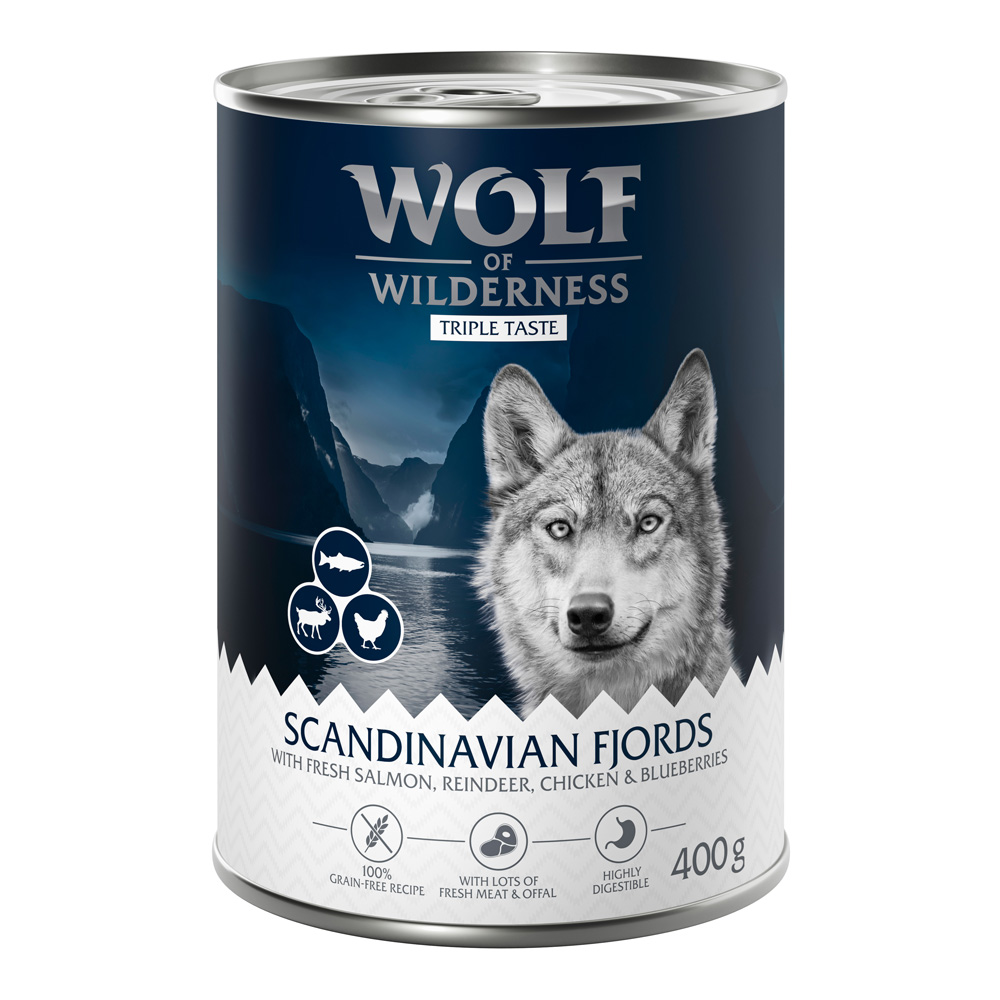 Megapakiet Wolf of Wilderness „The Taste Of", 24 x 400 g - The Taste Of Scandinavia, renifer, łosoś, kurczak