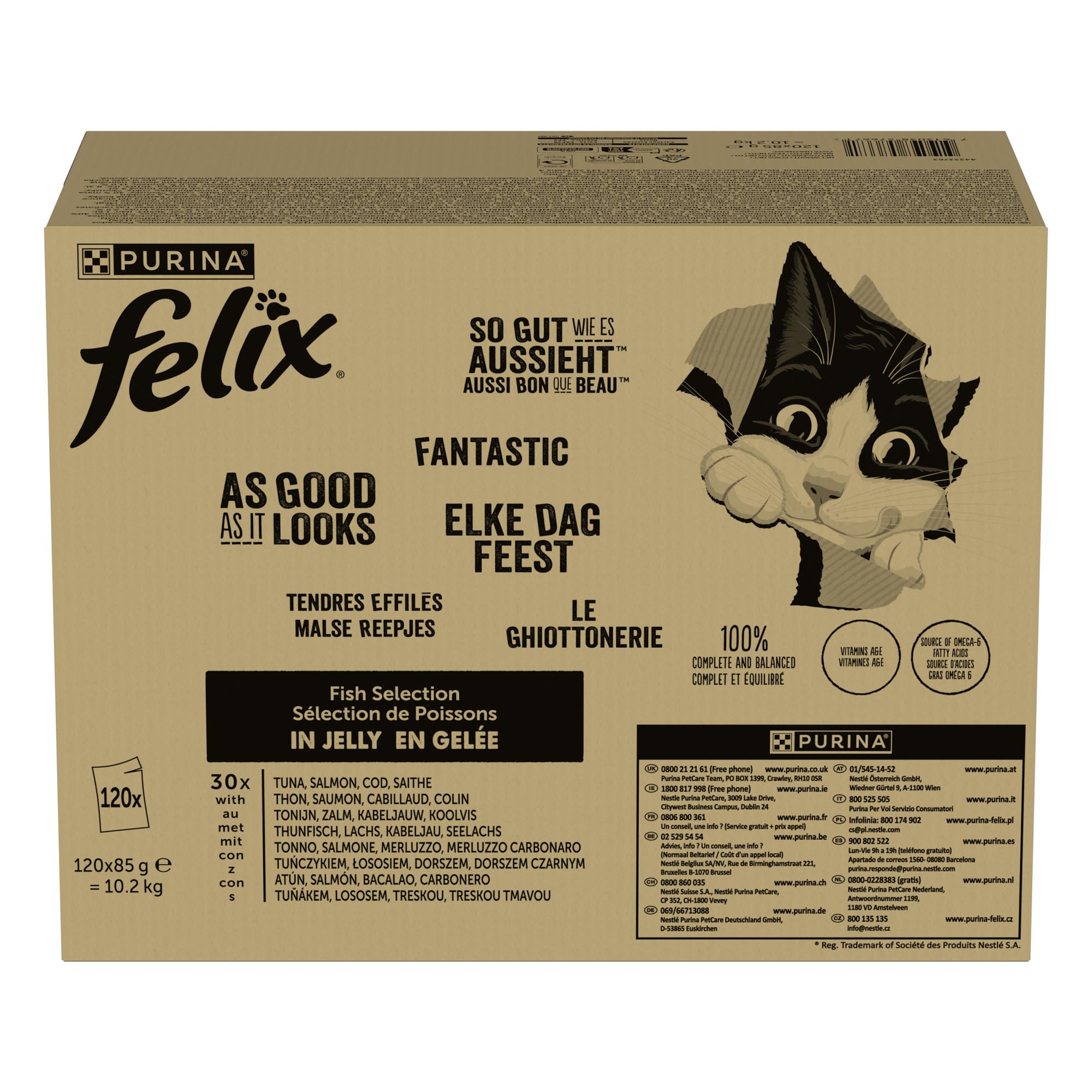 Pakiet Felix Fantastic w galarecie, So gut wie es aussieht, 120 x 85 g - Wołowina, kurczak, dorsz, tuńczyk
