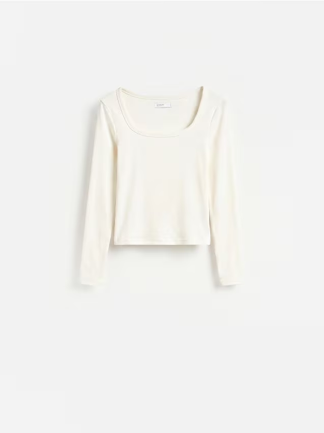 Reserved - Gładki longsleeve z bawełną - biały