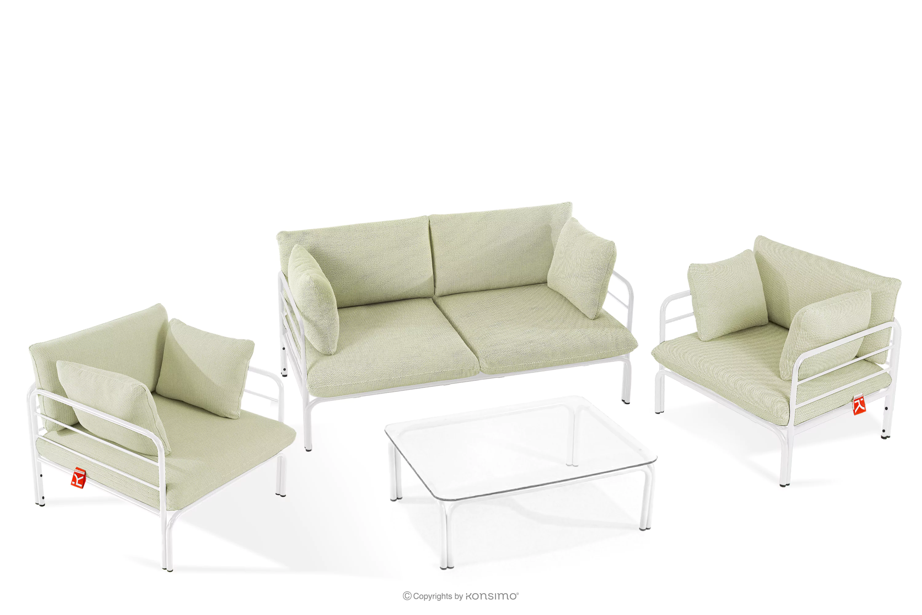 Zestaw mebli ogrodowych 2x fotel, sofa dwuosobowa, stolik biały/jasny zielony/biały RAMBE
