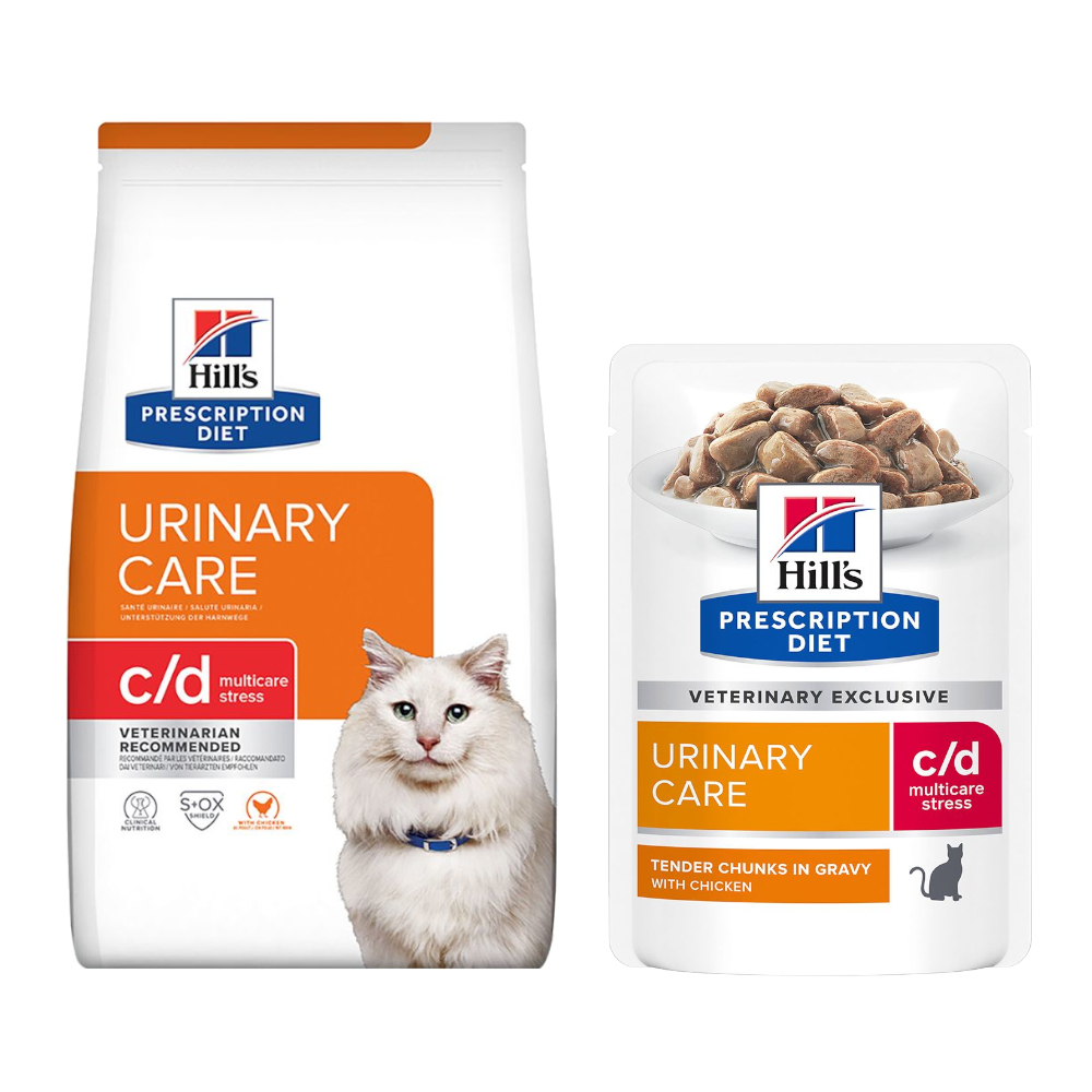 Hill's Prescription Diet Feline: karma sucha, 8 kg + karma mokra gratis! - c/d Multicare Stress Urinary Care z kurczakiem + c/d Multicare Stress Urinary Care, kurczak, 12 x 85 g
