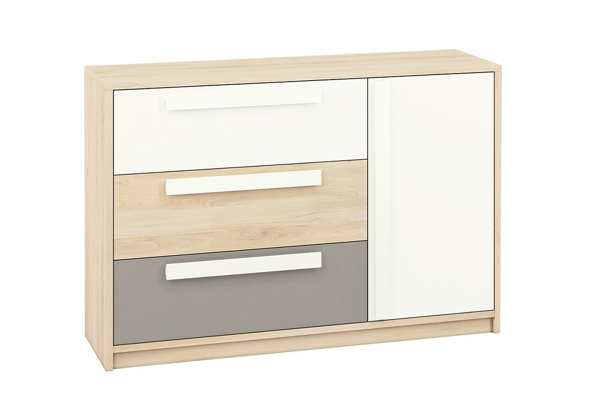 Komoda 140 cm z półkami i szufladami do pokoju dziecięcego biała / szara / buk PONGO