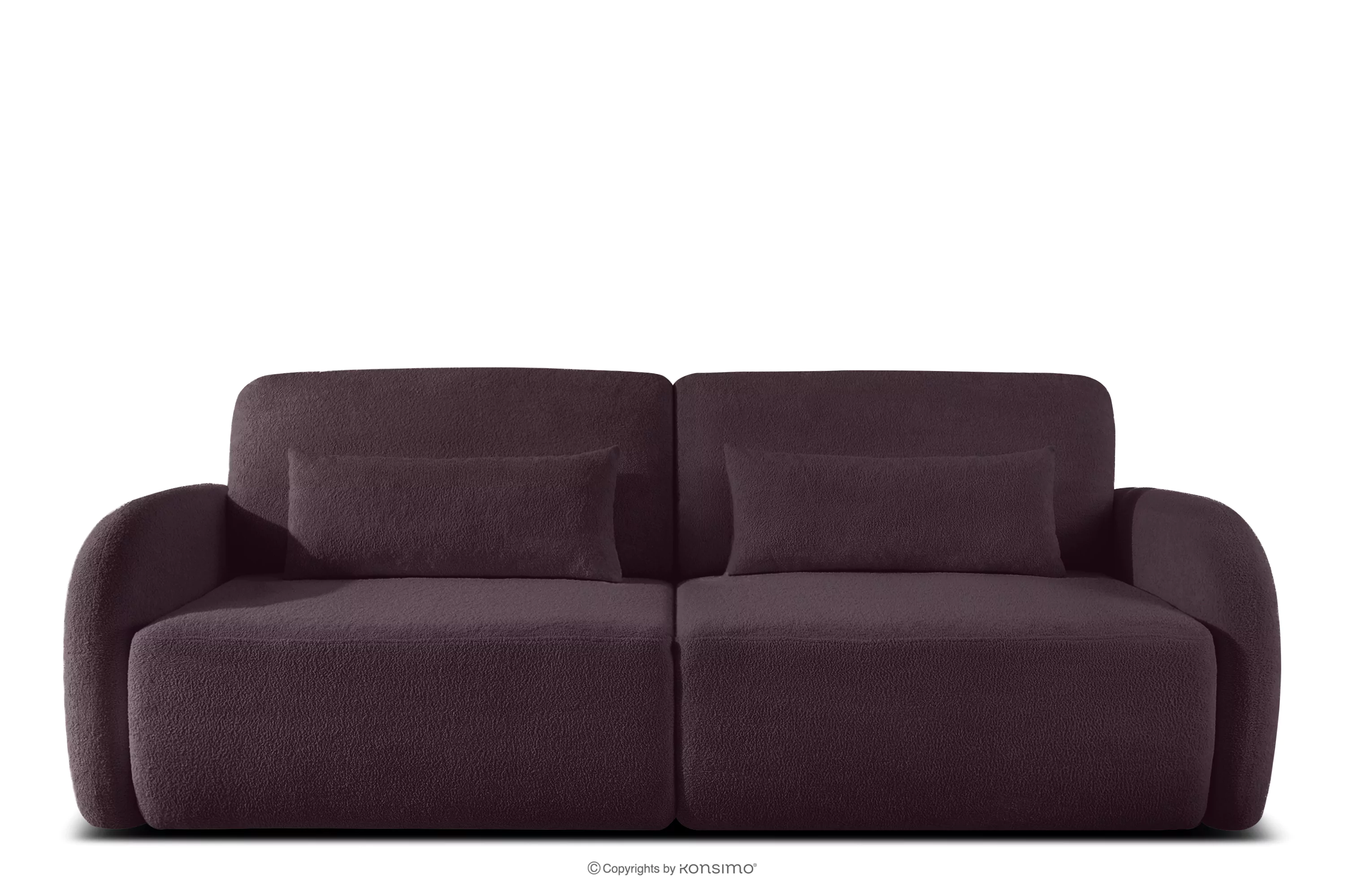 Sofa rozkładana trzyosobowa zaokrąglona w tkaninie shaggy ciemny śliwkowy CALICO