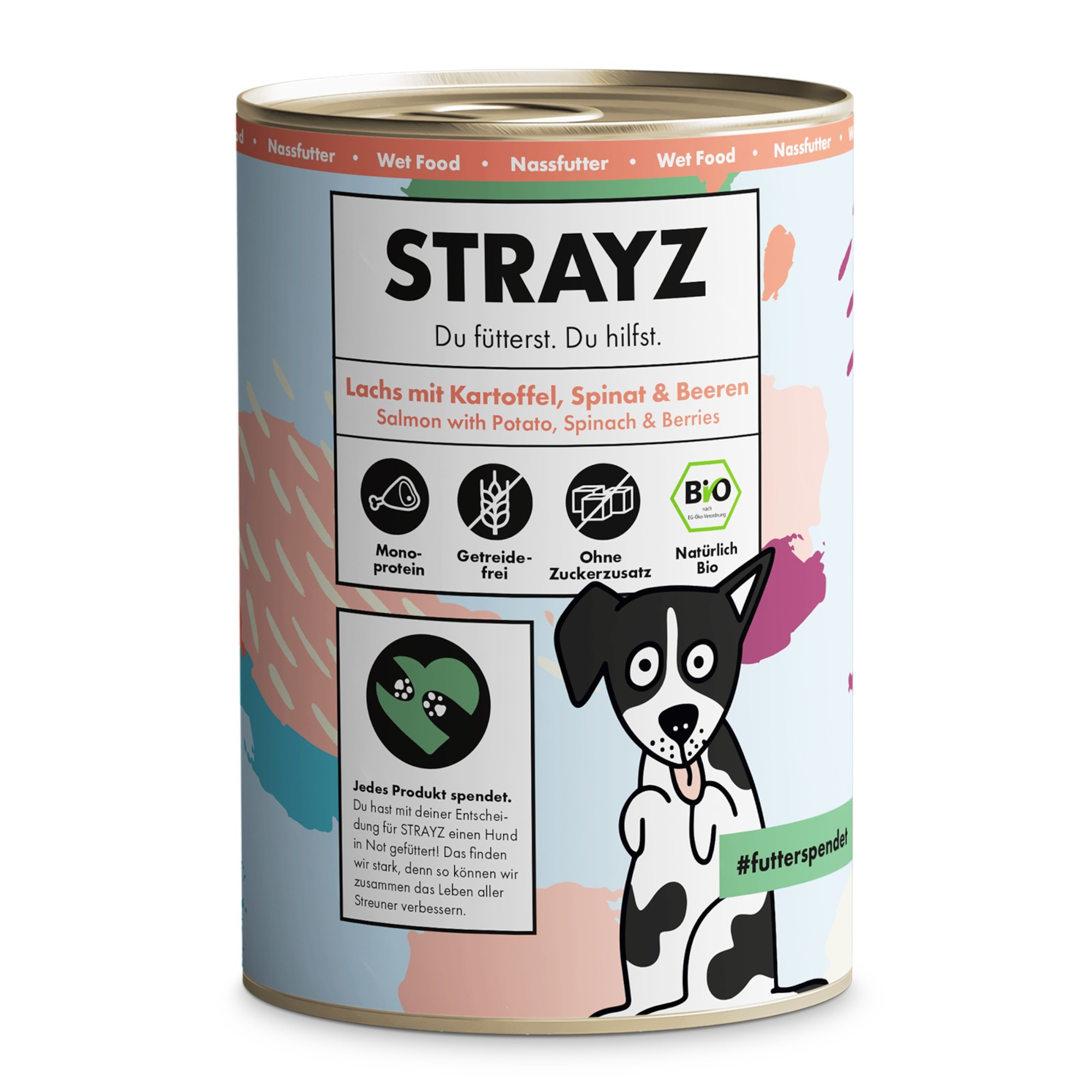 STRAYZ BIO, 6 x 400 g - Biołosoś z bioziemniakami, bioszpinakiem i biojagodami