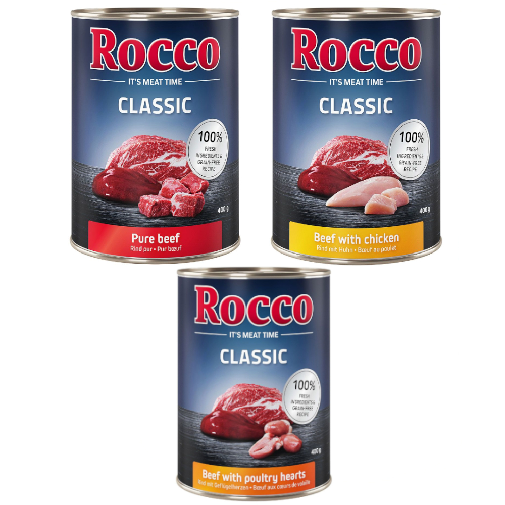 Mieszany pakiet próbny Rocco Classic, 6 x 400 g  - Mix I: czysta wołowina, wołowina/serca drobiowe, wołowina/kurczak