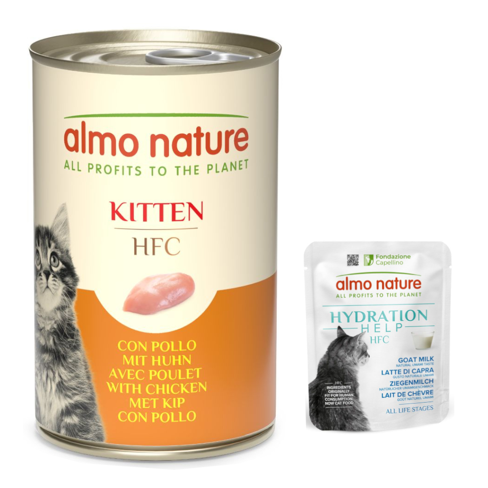 Almo Nature HFC, karma mokra dla kota: 12 x 140 g + Hydration Help, 6 x 50 g gratis! - Kitten, kurczak, 12 x 140 g + Kozie mleko, 6 x 50 g