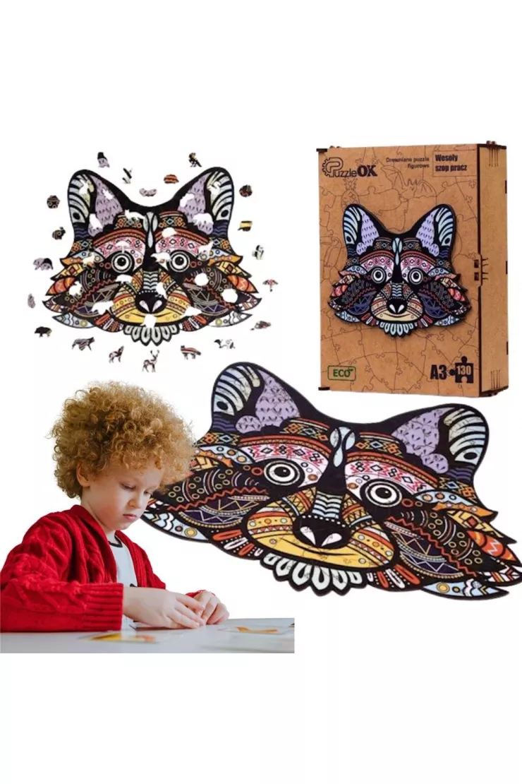 Puzzle drewniane eko 130 el. Wesoły szop pracz A3