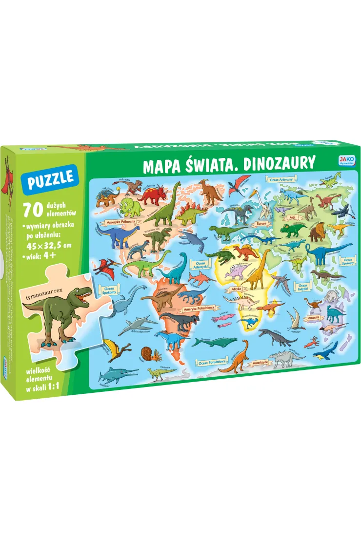 Puzzle 70 el. Mapa świata. Dinozaury