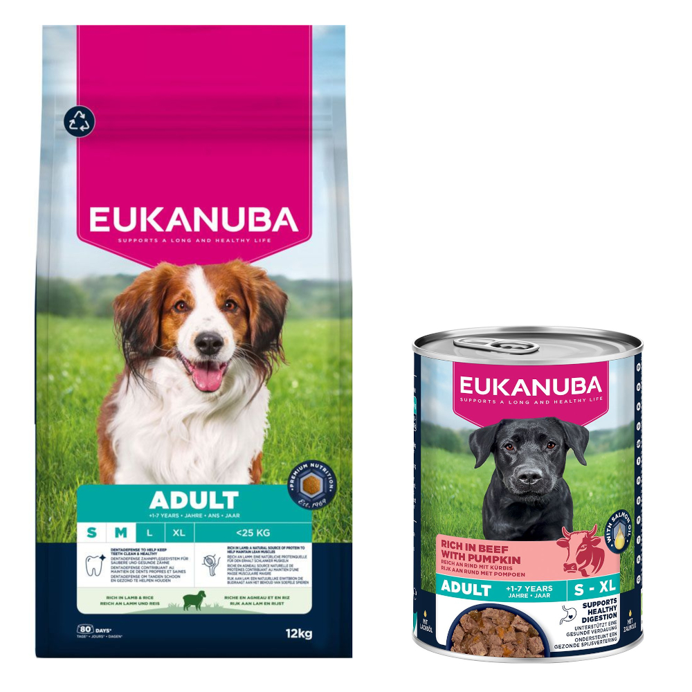 Eukanuba: Premium Nutrition, karma sucha, 12 kg/ 15 kg + wołowina z dynią, 3 x 400 g gratis! - Adult Small & Medium Breed, jagnięcina i ryż, 12 kg + Adult, wołowina z dynią, 3 x 400 g