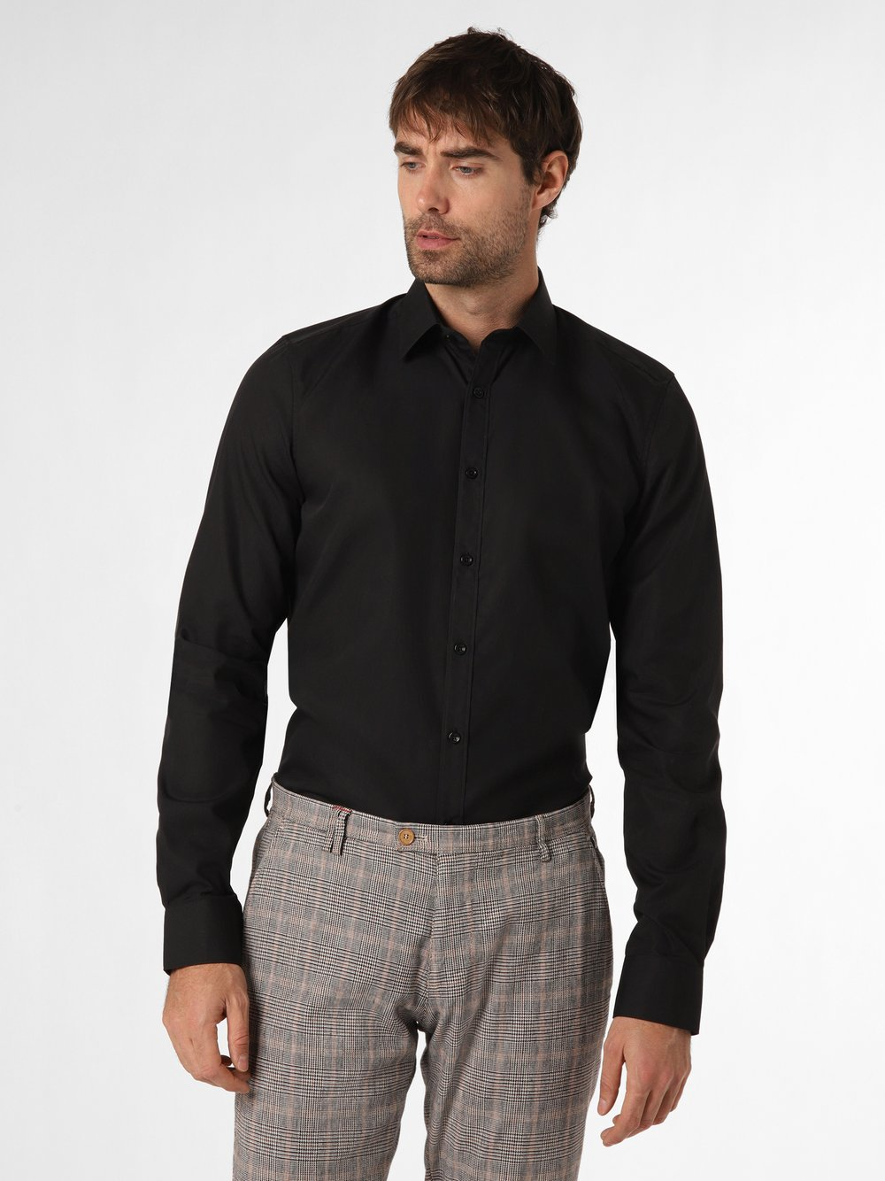 Finshley & Harding Koszula męska łatwa w prasowaniu z bardzo długim rękawem Mężczyźni Slim Fit Bawełna czarny kołnierzyk kent, 44