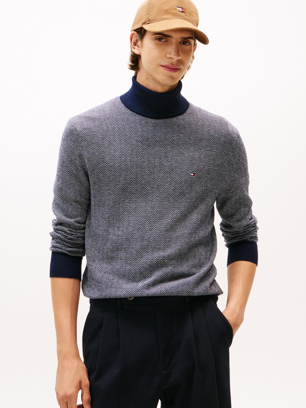 Tommy Hilfiger Męski sweter z dzianiny z zawartością kaszmiru Mężczyźni niebieski|biały, L