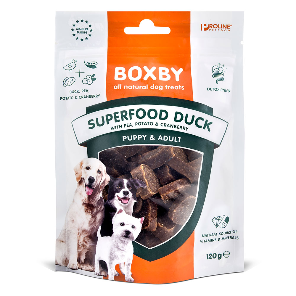Boxby Superfood Puppy & Adult, kaczka z groszkiem, ziemniakami i żurawiną - 120 g