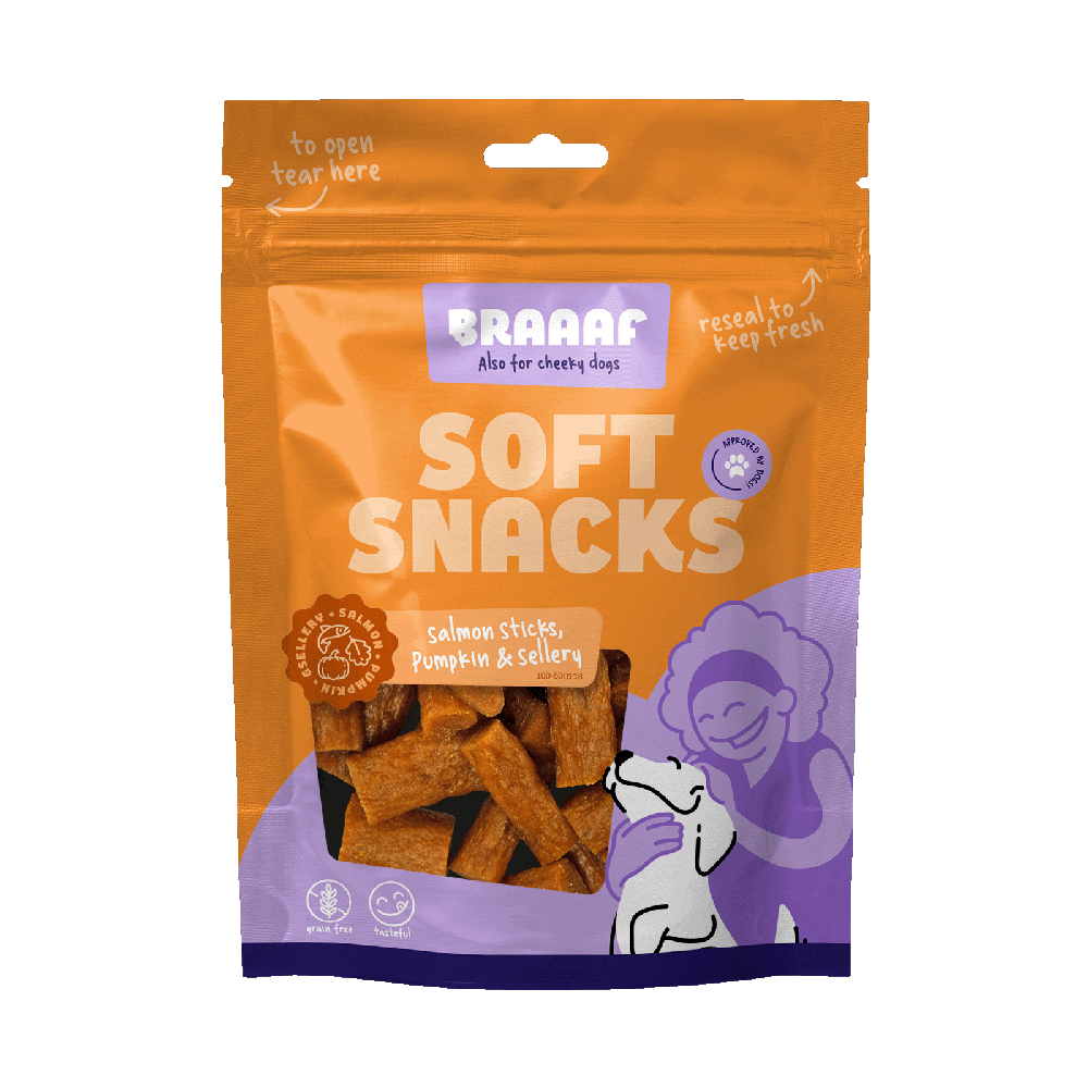 Braaaf Sticks, łosoś z dynią i selerem - 85 g
