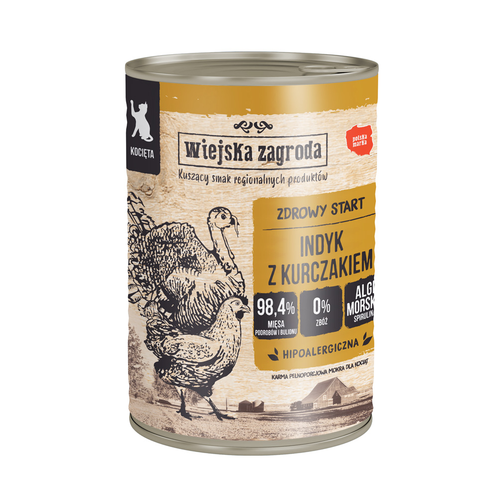 Wiejska Zagroda Cat, 6 x 400 g - Kitten, indyk z kurczakiem