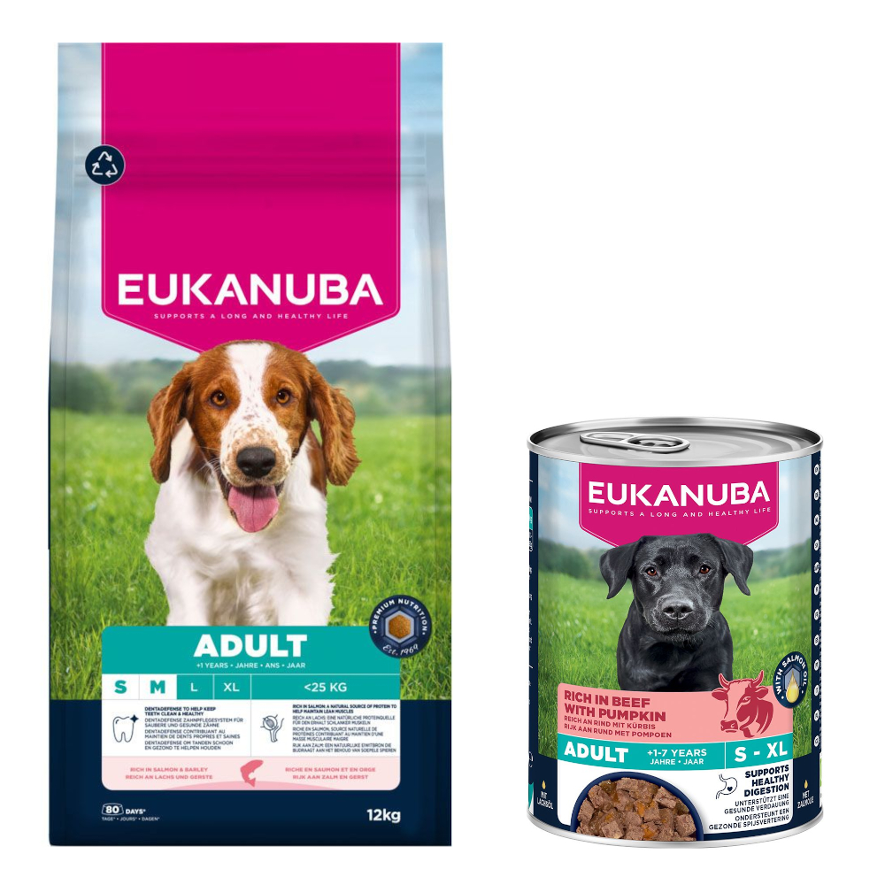 Eukanuba: Premium Nutrition, karma sucha, 12 kg/ 15 kg + wołowina z dynią, 3 x 400 g gratis! - Adult Small & Medium Breed, łosoś, 12 kg + Adult, wołowina z dynią, 3 x 400 g