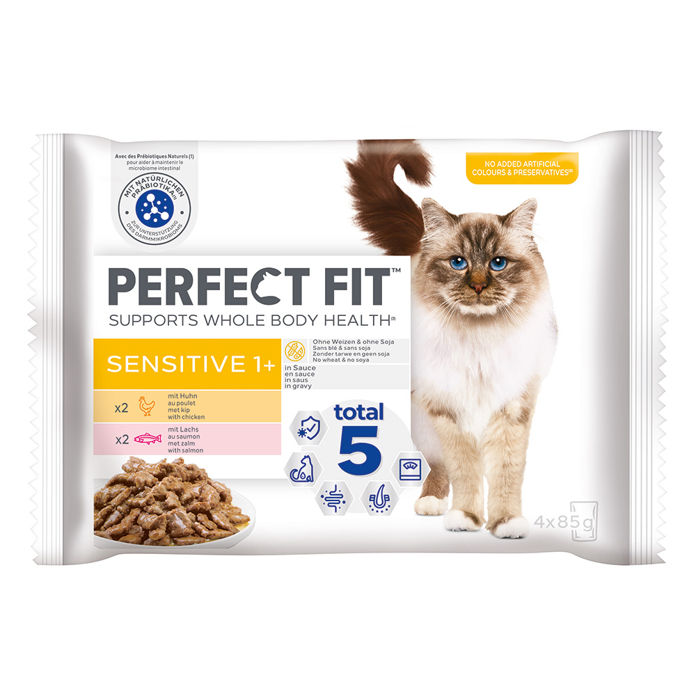 Perfect Fit Sensitive 1+ - Pakiet mieszany: kurczak i łosoś, 4 x 85 g