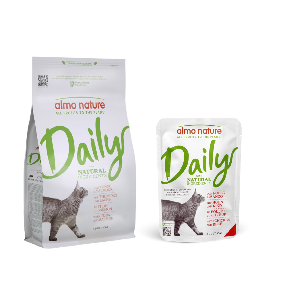 Almo Nature Daily: karma sucha dla kota, 1,2 kg / 12 kg + Menu, karma mokra, 6 x 70 g w super cenie! - Maintenance, tuńczyk i łosoś, 1,2 kg + kurczak i wołowina, 6 x 70 g