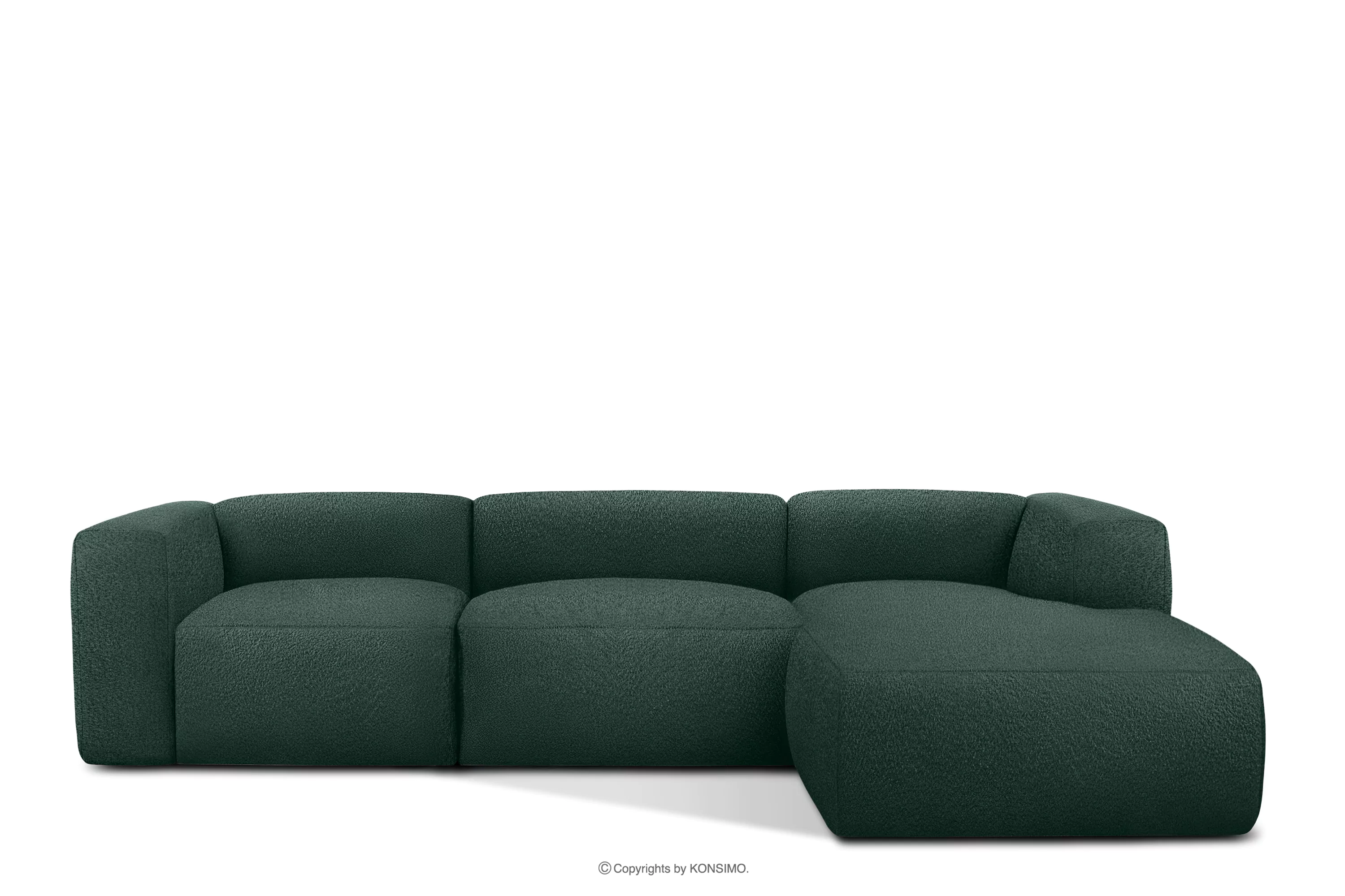 Duży miękki narożnik w tkaninie boucle prawy ciemny zielony BUFFO