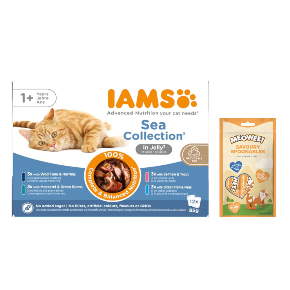 12 x 85 g IAMS Advanced Nutrition + Meowee! Savoury Spoonables, 8 x 14 g gratis! - Adult, rybne smaki, w galarecie