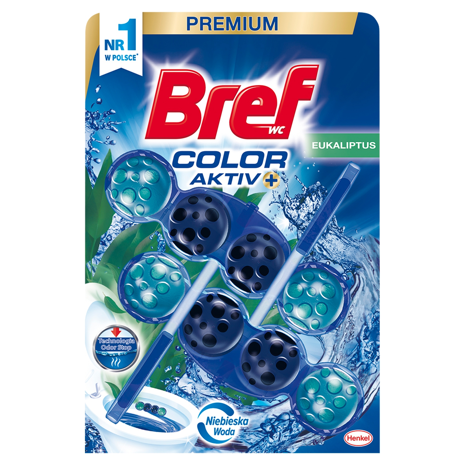 Bref WC Color Aktiv+ Zawieszka myjąco-zapachowa do muszli eukaliptus 2 x 50 g