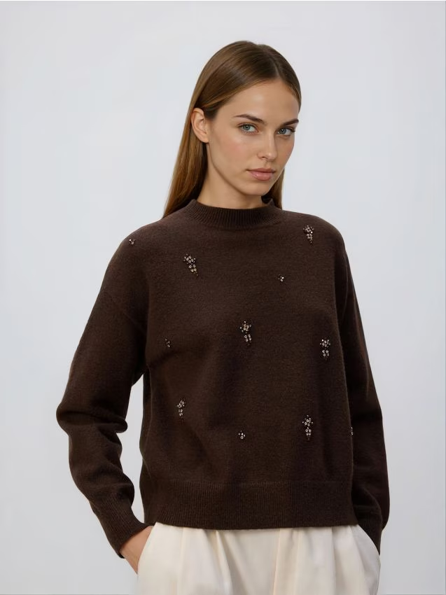 Reserved - Sweter z ozdobnymi aplikacjami - ciemnobrązowy