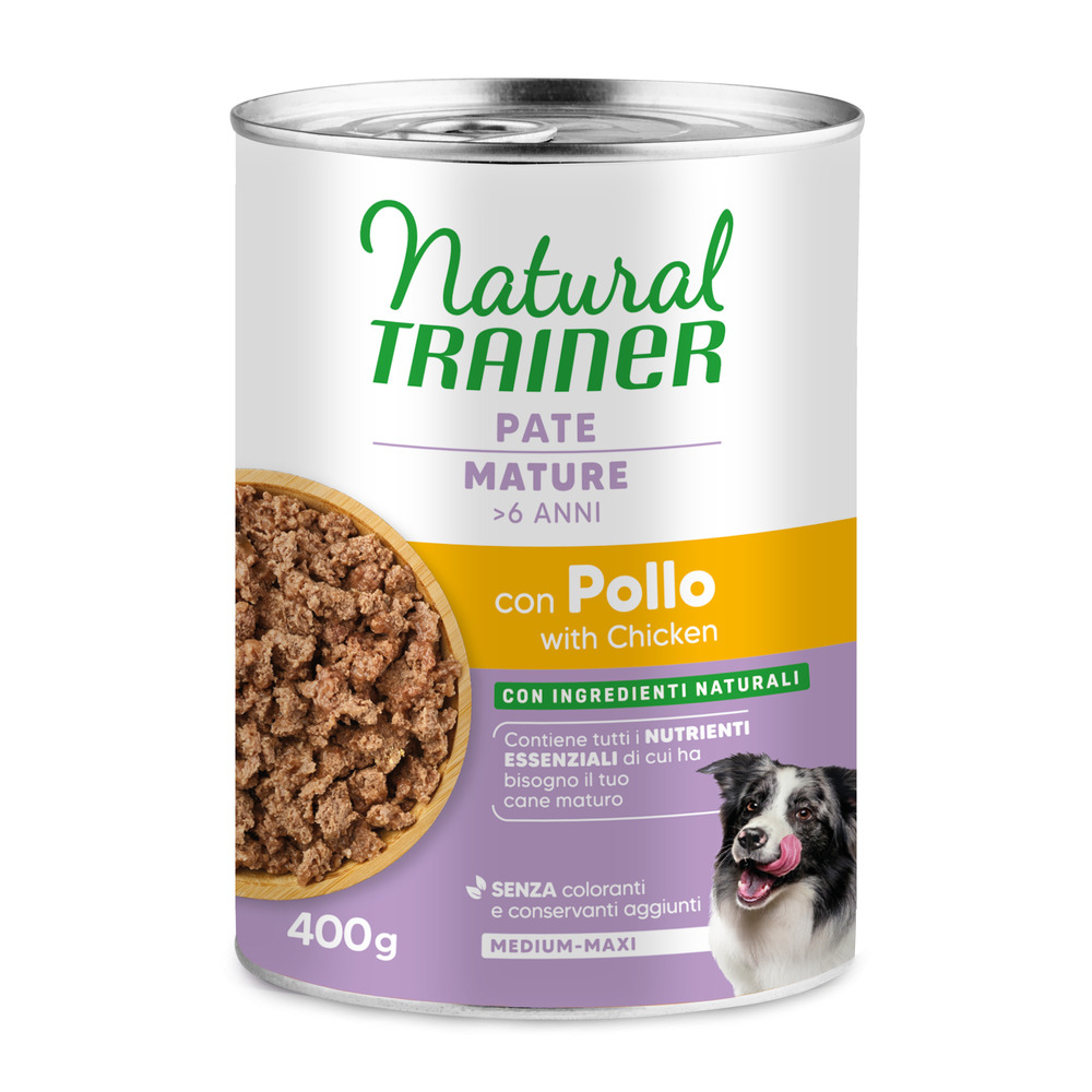 2 + 1 gratis! Natural Trainer, karma mokra dla psa, 3 x 100 g / 3 x 400 g - Pate Medium & Maxi Mature, kurczak w puszkach, 3 x 400 g