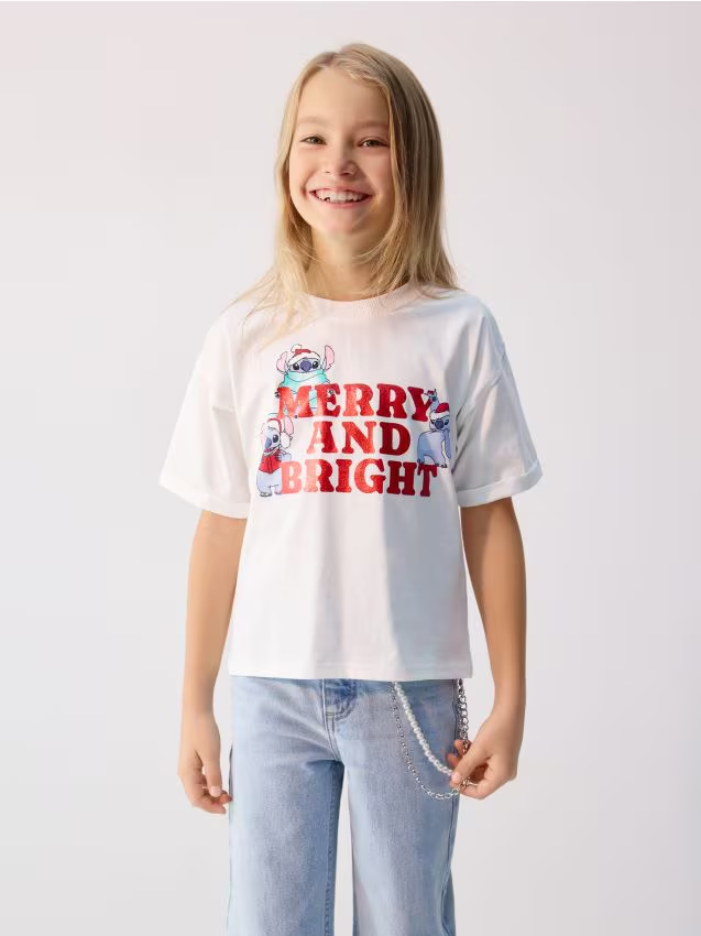 Reserved - Świąteczny t-shirt Lilo i Stitch - złamana biel