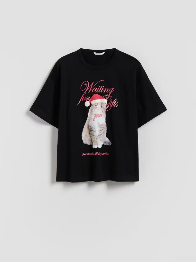Reserved - Świąteczny t-shirt z nadrukiem - czarny miniaturka