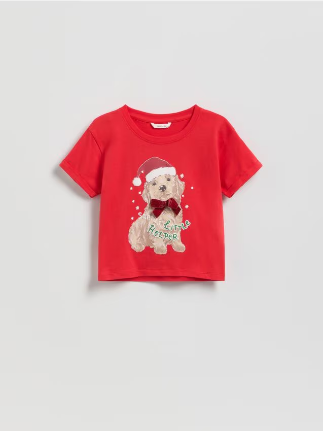Reserved - Świąteczny t-shirt z nadrukiem - intenstywna czerwień
