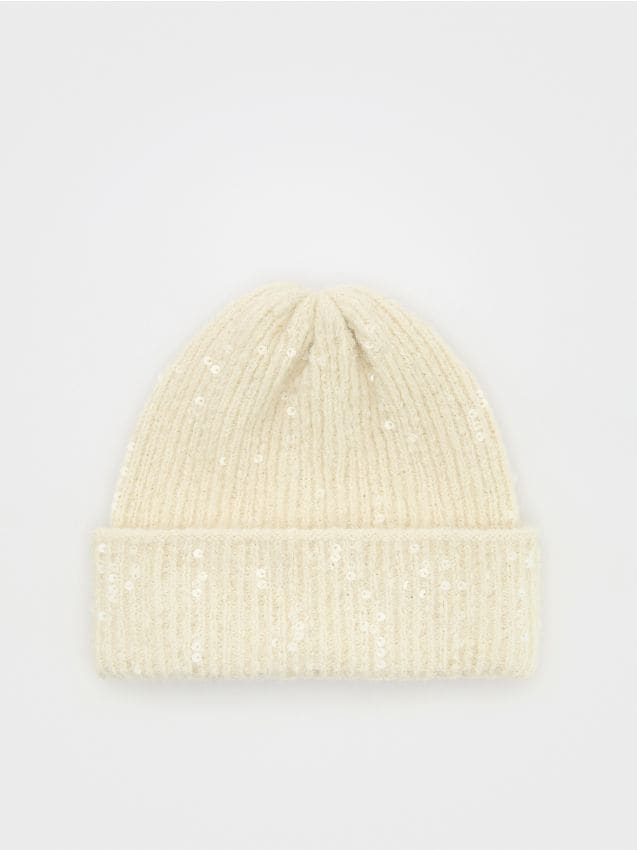 Reserved - Czapka beanie z cekinami - złamana biel