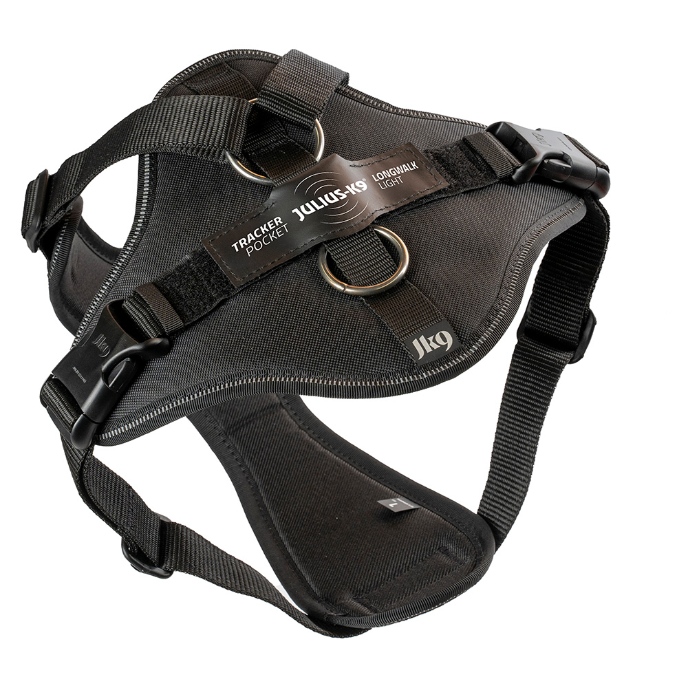 Julius-K9 szelki dla psa Longwalk Light z kieszenią na lokalizator, czarne - Rozm. L: Obwód klatki piersiowej: 66 - 86 cm