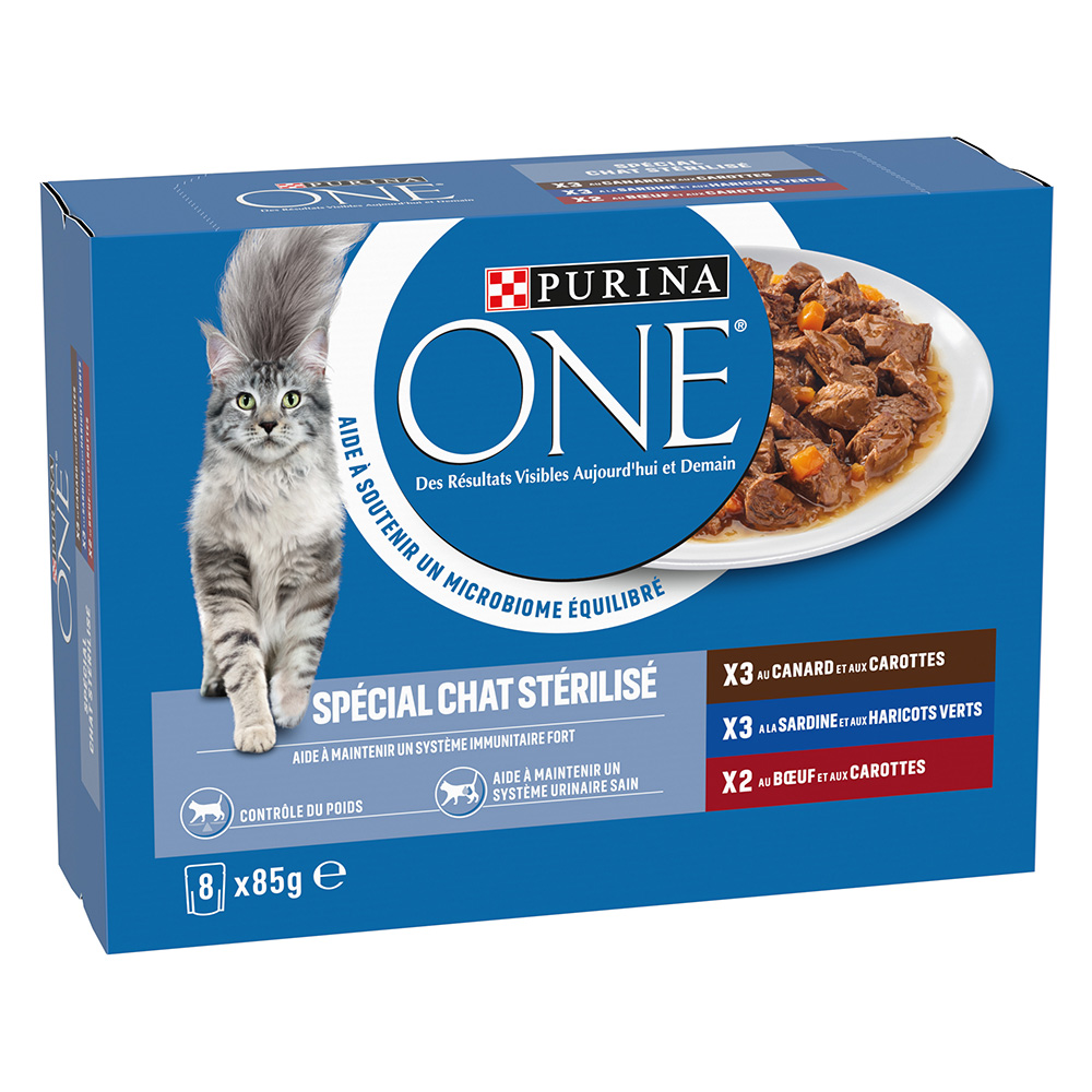 24 + 8 gratis! PURINA ONE, karma mokra, 32 x 85 g - Pakiet mieszany Sterilised, kaczka, wołowina, sardynka