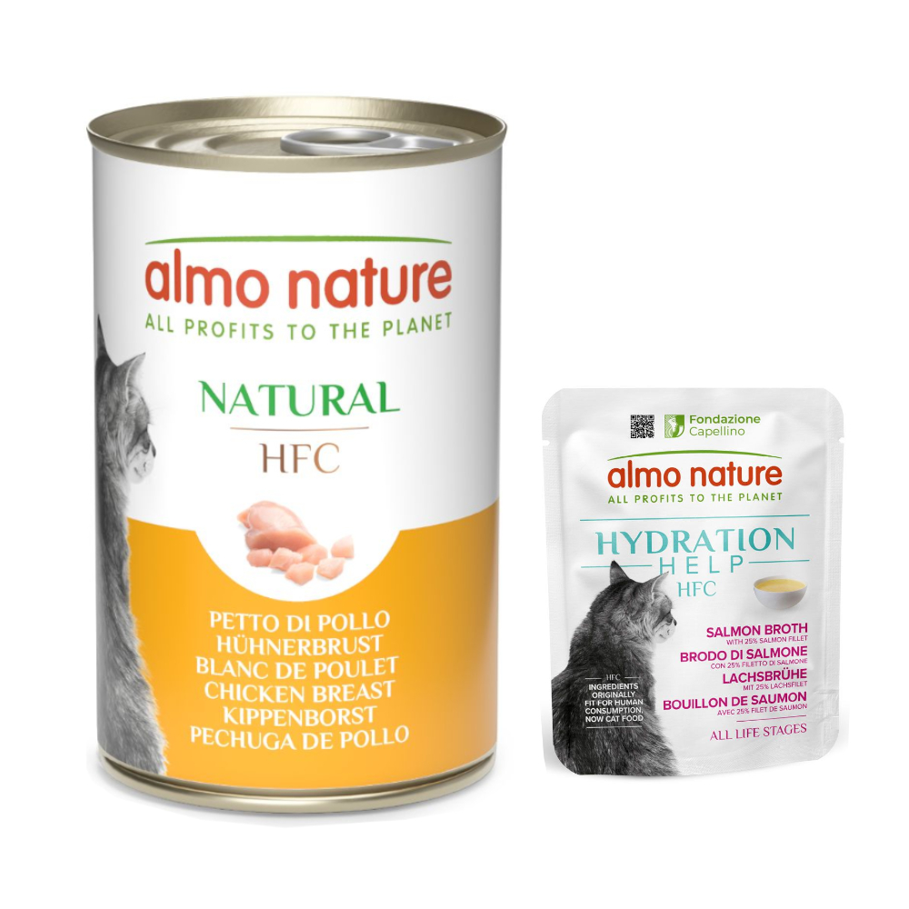 Almo Nature HFC, karma mokra dla kota: 12 x 140 g + Hydration Help, 6 x 50 g gratis! - Pierś z kurczaka, 12 x 140 g + Bulion z łososia z filetem z łososia, 6 x 50 g
