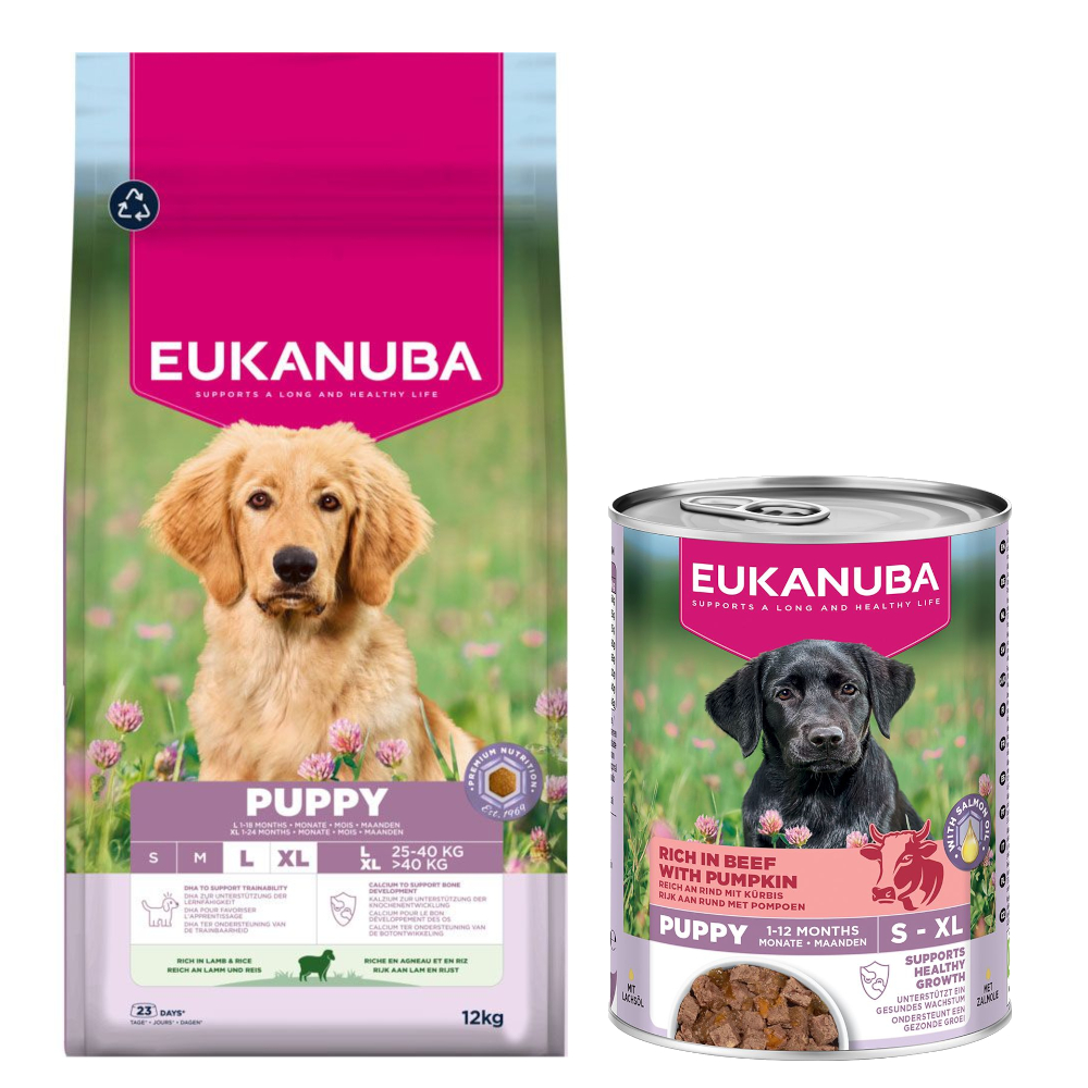 Eukanuba: Premium Nutrition, karma sucha, 12 kg/ 15 kg + wołowina z dynią, 3 x 400 g gratis! - Puppy Large & Giant Breed, jagnięcina i ryż, 12 kg + Puppy, wołowina z dynią, 3 x 400 g