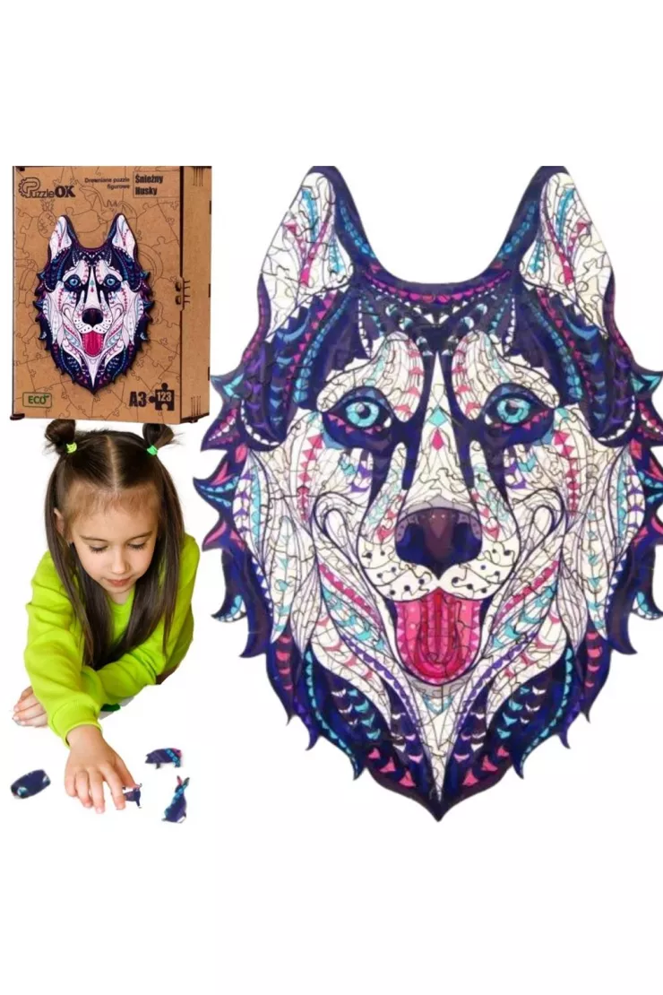 Puzzle drewniane eko 123 el. Śnieżny husky A3