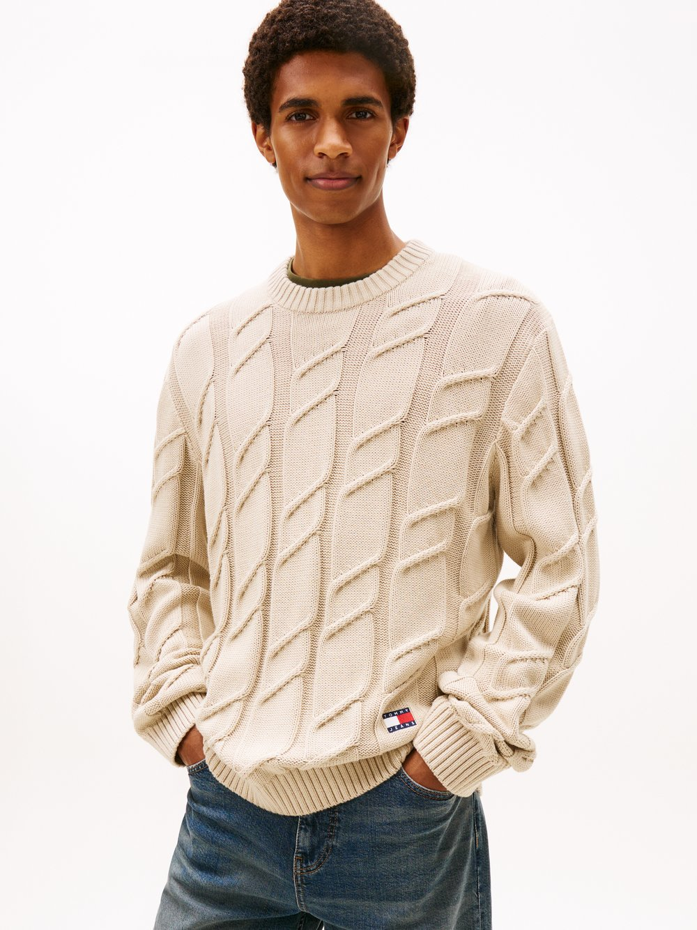 Tommy Jeans Męski sweter z dzianiny Mężczyźni Bawełna beżowy, M
