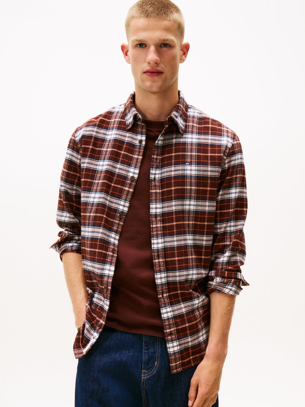 Tommy Jeans Męska koszula casual Mężczyźni Regular Fit Bawełna brązowy, XL