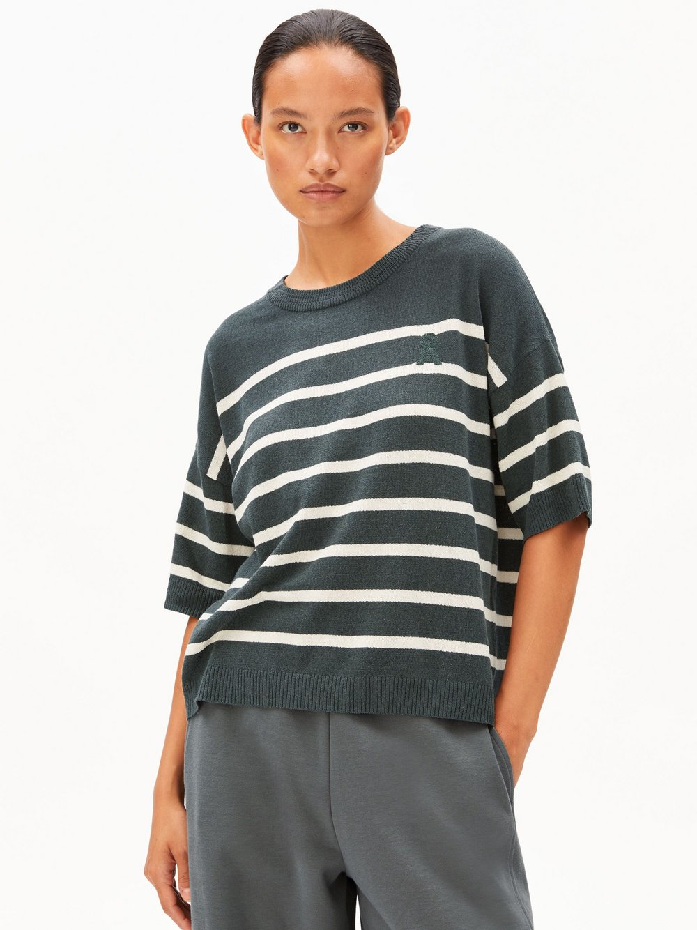 ARMEDANGELS Damska koszula z dzianiny z zawartością lnu - Stripe Linen Blend Kobiety szary, L