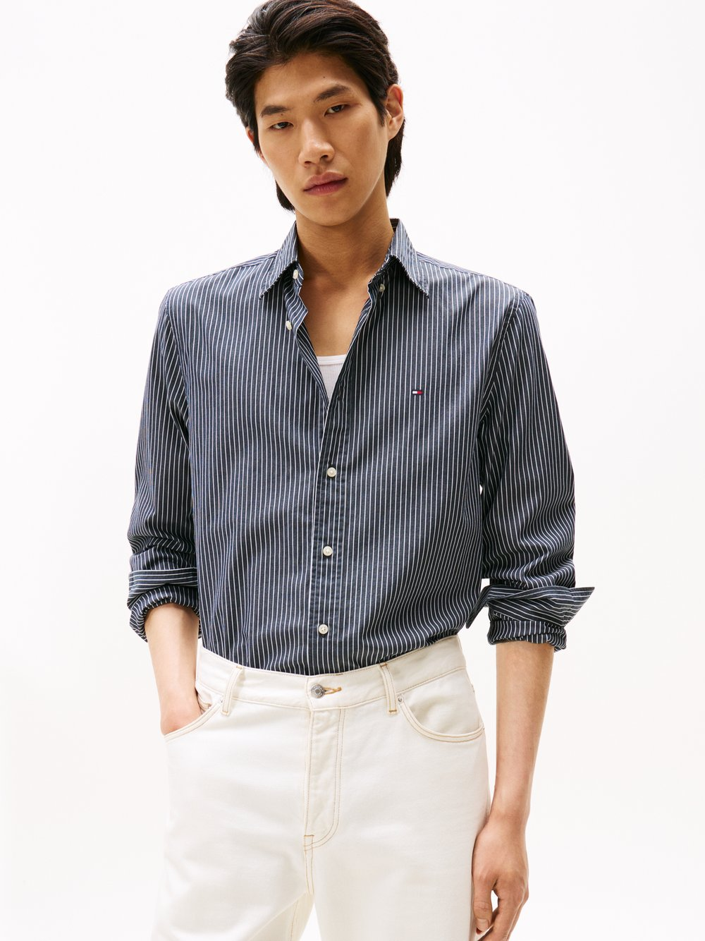 Tommy Hilfiger Męska koszula casual Mężczyźni Regular Fit Bawełna szary|biały, XXL