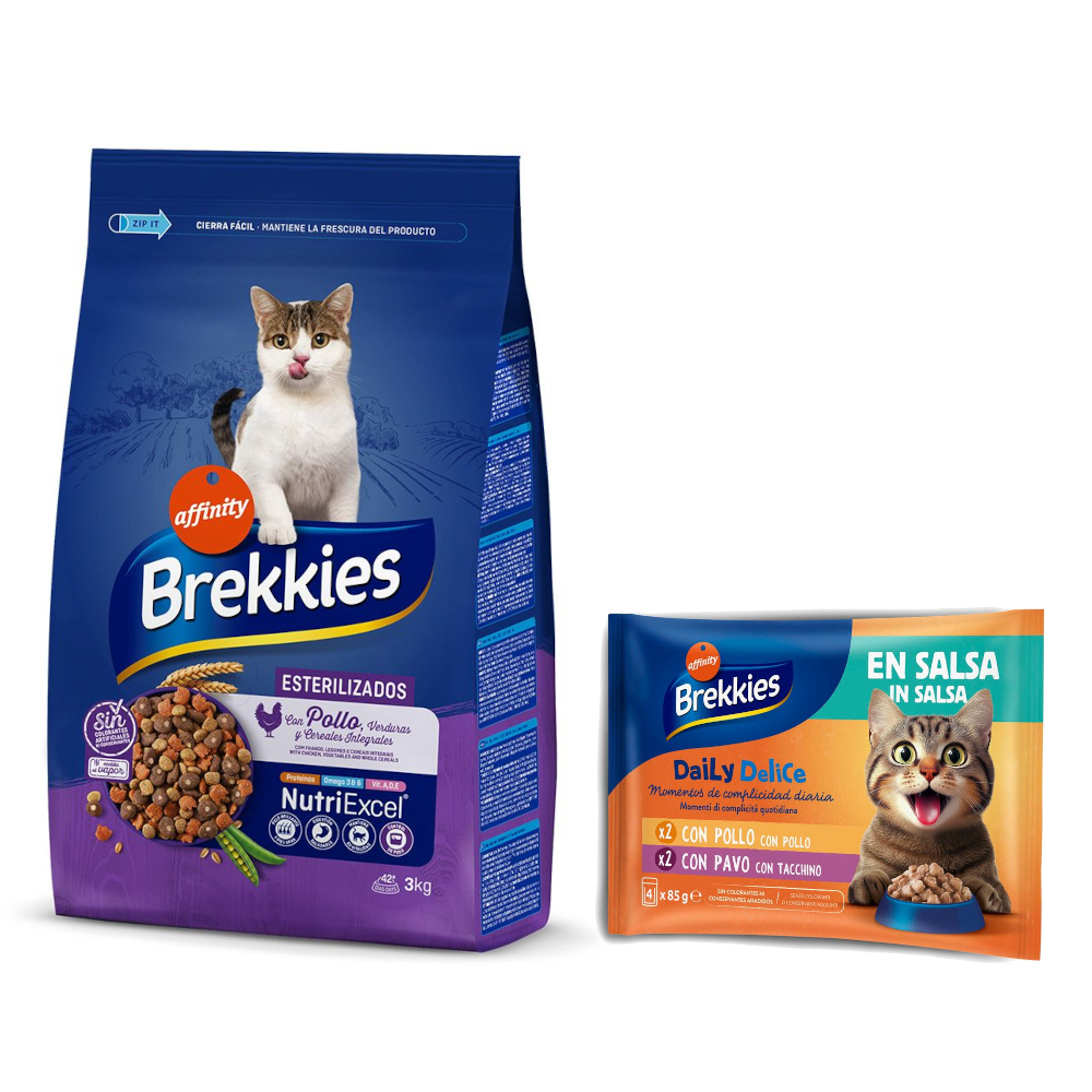 Brekkies: karma sucha, 3 kg / 3,5 kg + Daily Delice, 4 x 85 g gratis! - Sterilized, 3 kg + Kurczak i indyk