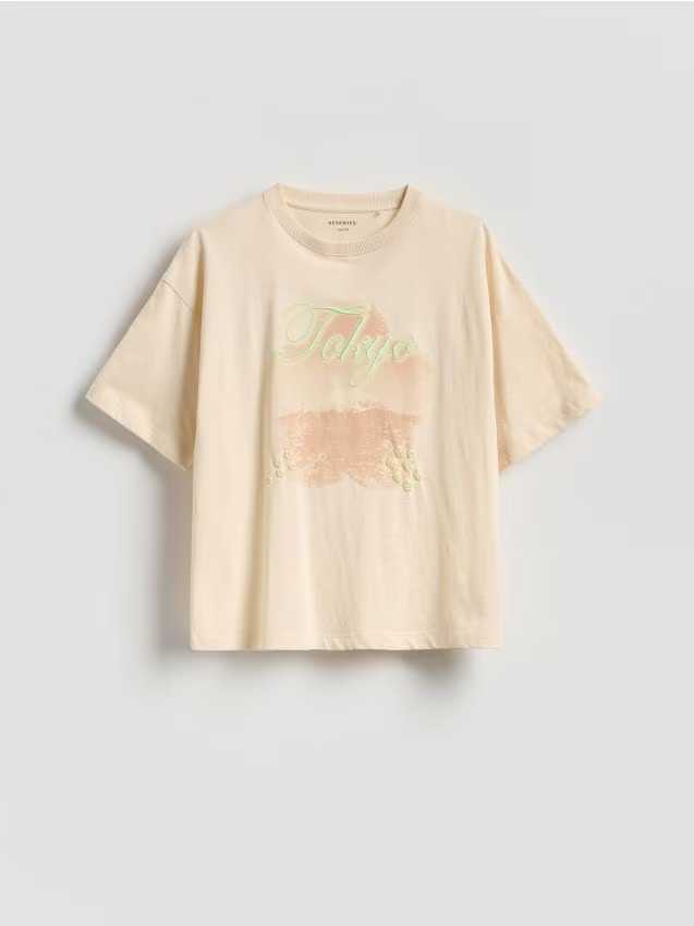 Reserved - Luźny t-shirt z nadrukiem - kremowy miniaturka