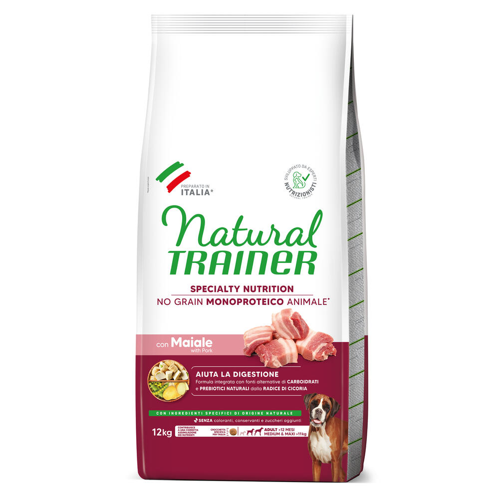 Natural Trainer No Grain Adult Medium & Maxi, z wieprzowiną - 12 kg