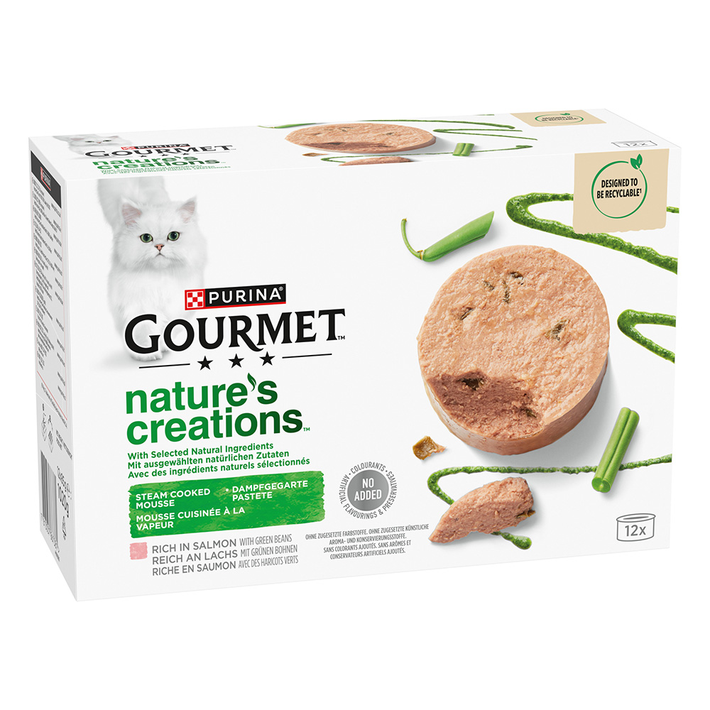 18 + 6 / 24 + 8 / 36 + 12 gratis! Gourmet, karma mokra dla kota, 24 x 50 g / 32 x 85 g / 48 x 85 g - 48 x 85 g Nature's Creations mus w puszkach: łosoś z zieloną fasolą (36 + 12 gratis!)