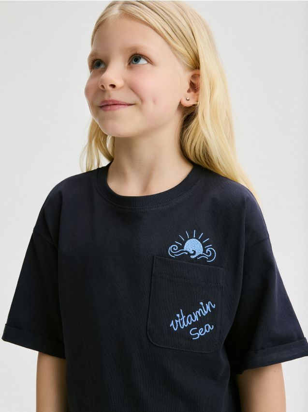 Reserved - T-shirt z kieszonką - granatowy miniaturka