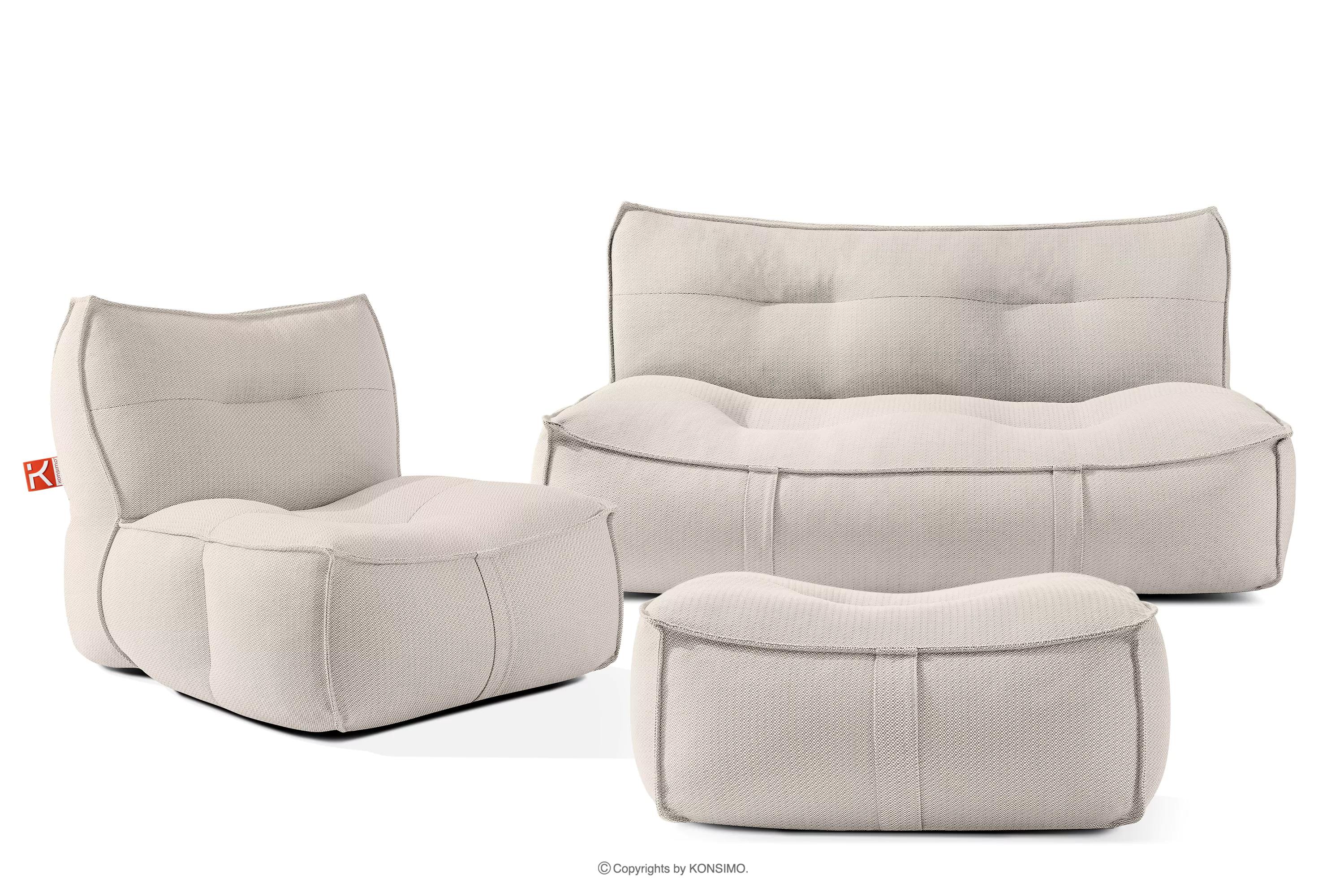Zestaw ogrodowy fotel sofa i puf w tkaninie plecionej outdoorowej ciemny beżowy/biały LOVIA