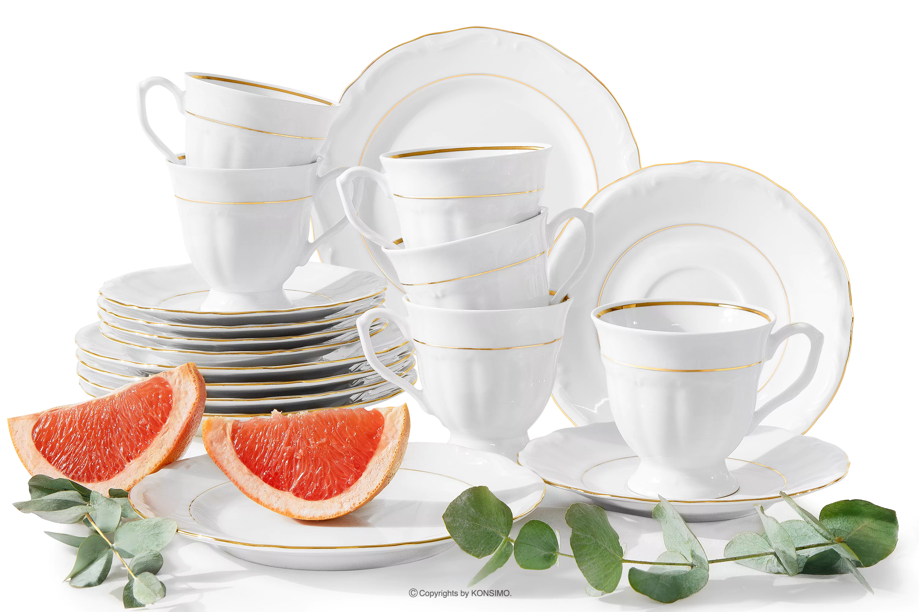 Klasyczny zestaw kawowy z porcelany 6 os. (18 el.) biały/złota linia MARIA TERESA ZŁOTA LINIA
