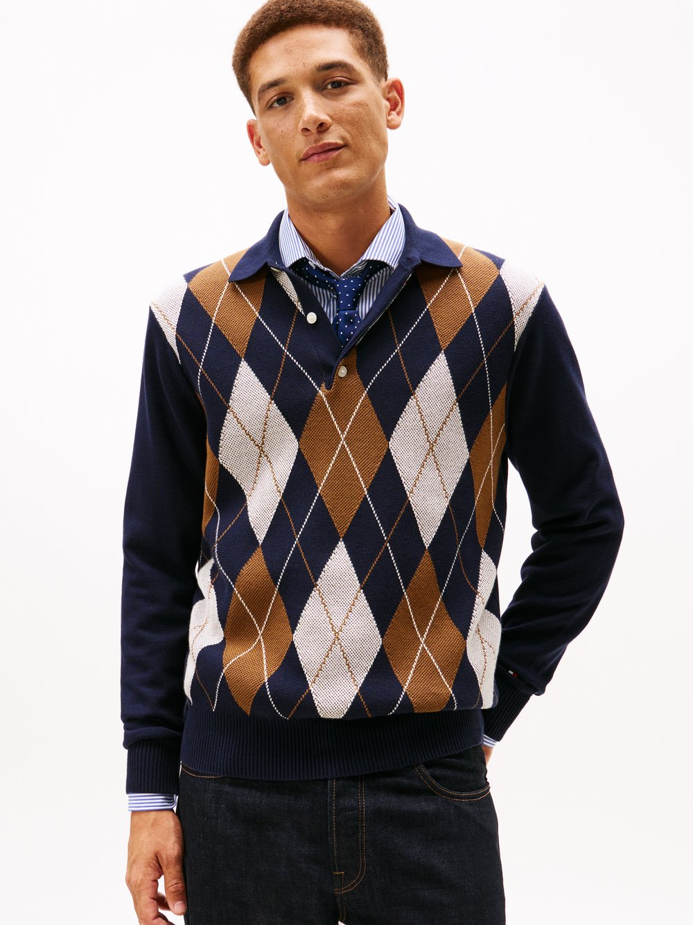 Tommy Hilfiger Męski sweter z dzianiny Mężczyźni drobna dzianina niebieski|brązowy|biały, XL