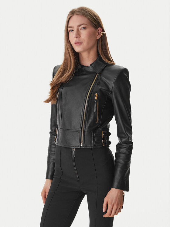 Elisabetta Franchi Kurtka skórzana GD-57Z-61E2-V1490 Czarny Regular Fit