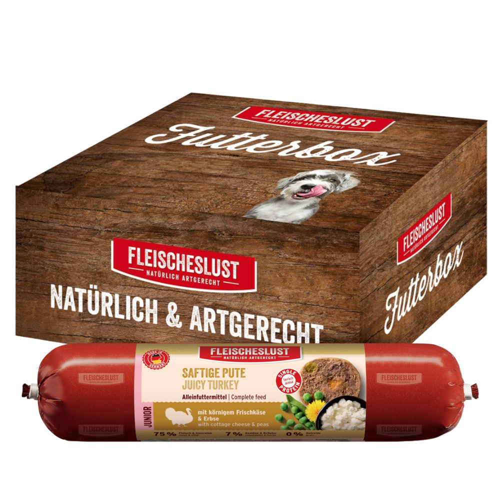 Fleischeslust Junior Classic, 8 x 400 g - Soczysty indyk z ziarnistym twarogiem i groszkiem